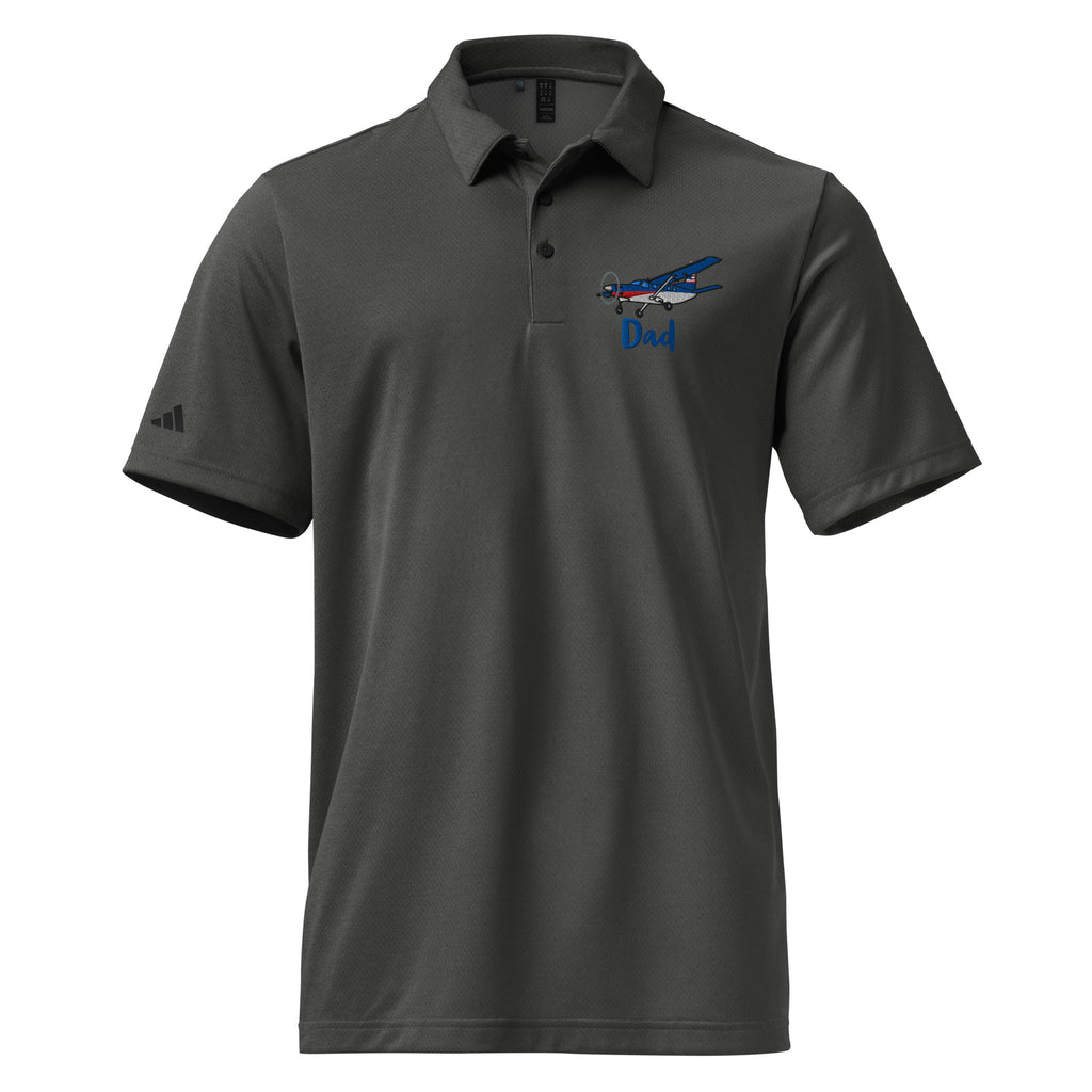 Custom Dad Adidas Space-Dyed Polo in black melange with personalized aviation graphic, kodak 100