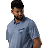 Close up Custom Dad Adidas Space-Dyed Polo in royal melange with personalized aviation graphic, kodak 100