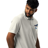 Close up Custom Dad Adidas Space-Dyed Polo in grey with personalized aviation graphic, kodak 100
