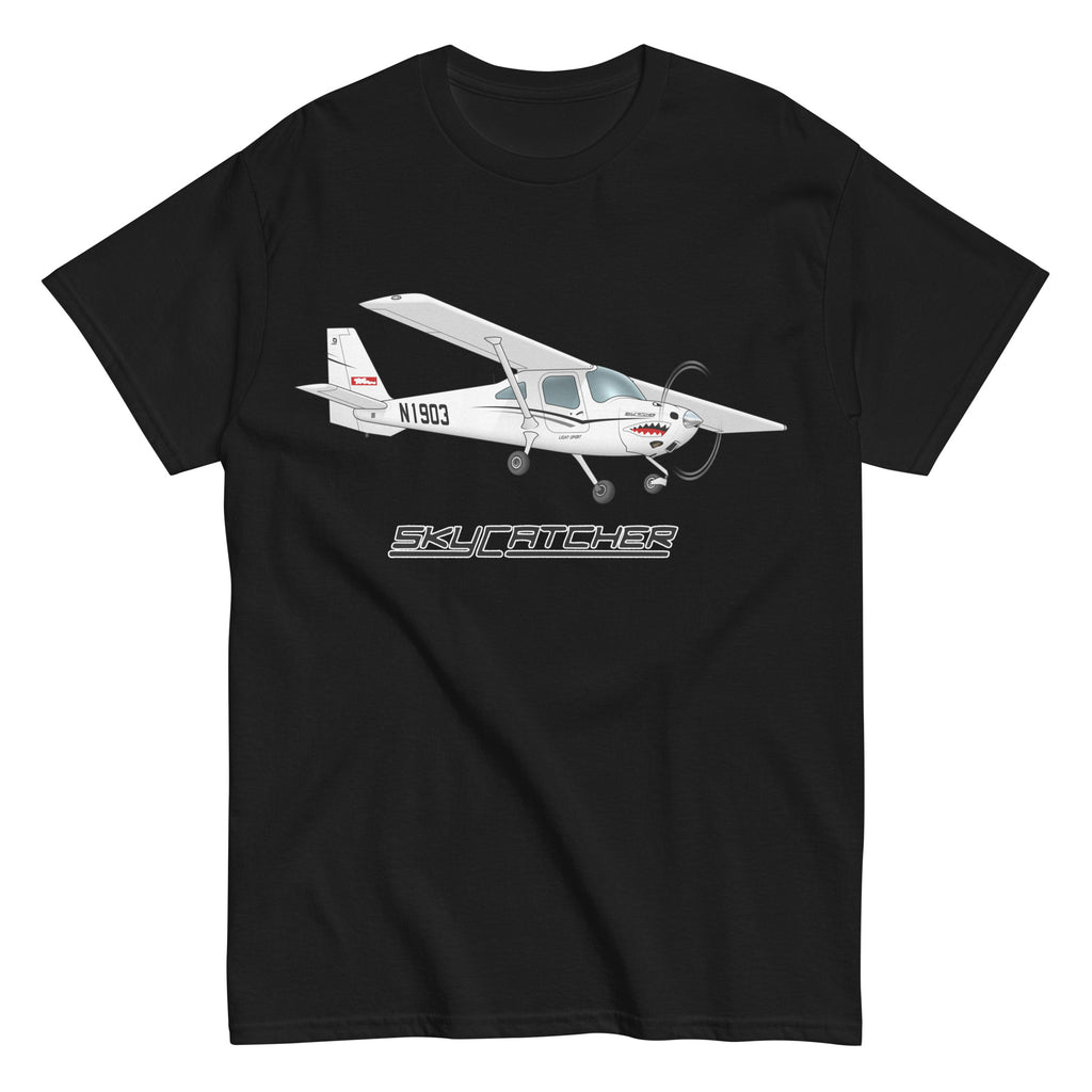 Flyboy Toys Skycatcher custom airplane T-shirt in black, front view