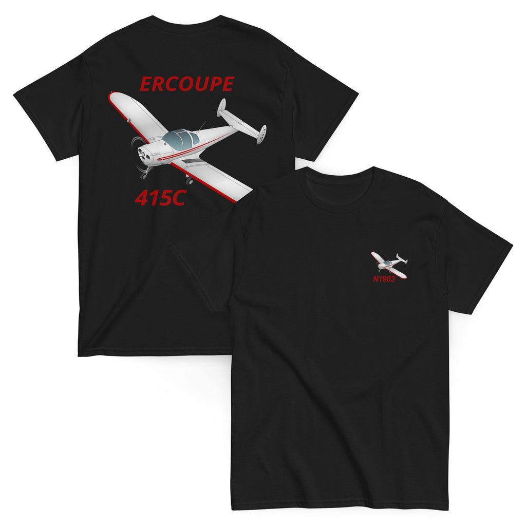 Flyboy Toys Ercoupe 415C airplane T-shirt in black with personalized N-number, front and back print