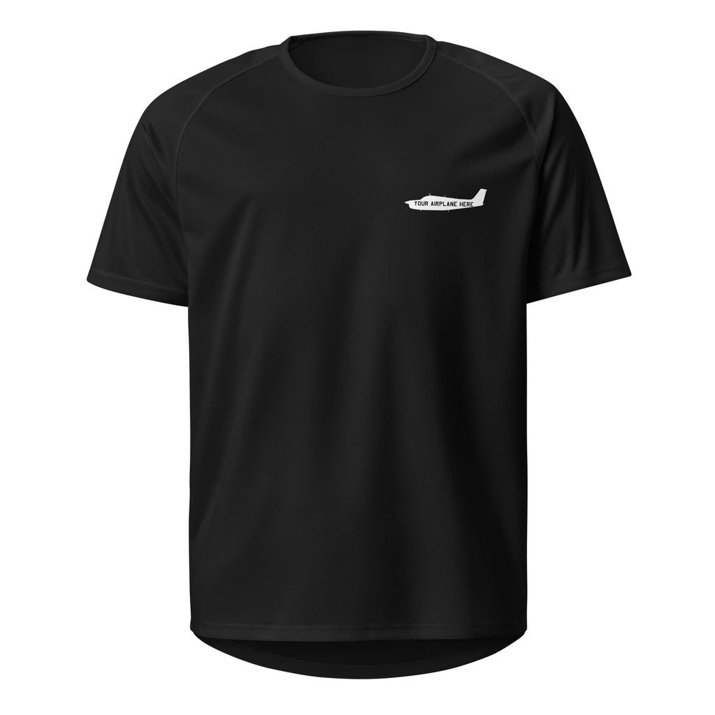 Black t-shirt with a small white logo on a white background