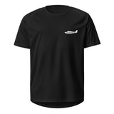 Black t-shirt with a small white logo on a white background