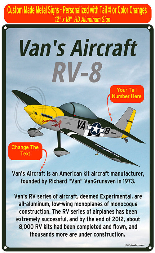 Van's Aircraft RV-8 (RV8) HD Airplane Sign - Black/Silver/Yellow