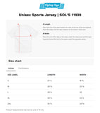 Size chart for a unisex sports jersey with Flyboy Toys branding.