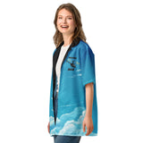 Soar in Style: Flyboy Toys Custom Airplane Button Shirt Femal Model Side View
