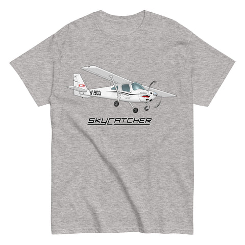 Flyboy Toys Skycatcher custom airplane T-shirt in grey, front view