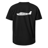 Black t-shirt with a white airplane graphic and text 'Your Airplane Here' on the back.