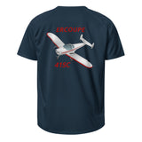Custom navy unisex sports jersey t-shirt with personalized airplane graphic from Flyboy Toys