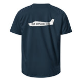 Custom navy unisex sports jersey t-shirt with personalized airplane graphic from Flyboy Toys