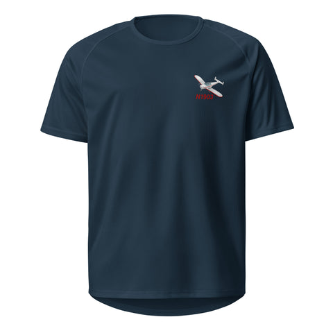 Front view of a French navy custom airplane sports jersey t-shirt.