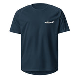 Navy blue t-shirt with a small white logo on a white background custom airplane