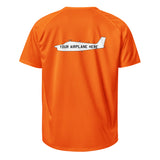 Orange t-shirt with airplane graphic and text 'Your Airplane Here' on a white background