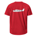Red t-shirt with airplane graphic and text 'Your Airplane Here' on a white background