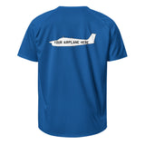 Blue t-shirt with a white airplane graphic and text on the back against a white background