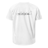 White t-shirt with airplane graphic and 'Your Airplane Here' text on a white background