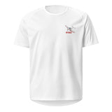 Custom white unisex sports jersey t-shirt with personalized airplane graphic from Flyboy Toys