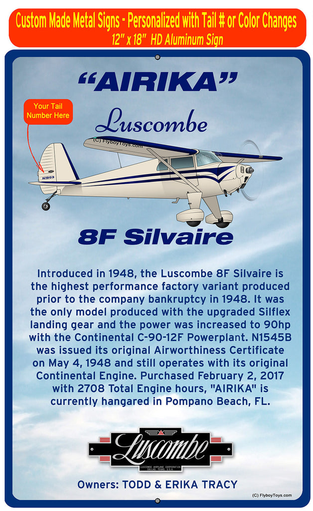 Luscombe 8F Silvaire (Cream/Blue) HD Airplane Sign