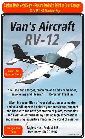 Van's Aircraft RV-12 (RV12) HD Airplane Sign - Black/White